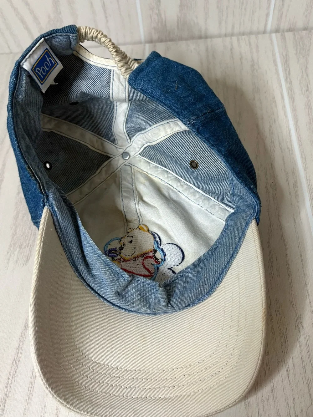 VINTAGE Winnie The Pooh Hat Blue Denim Cap Stretch Back 90s Disney Retro